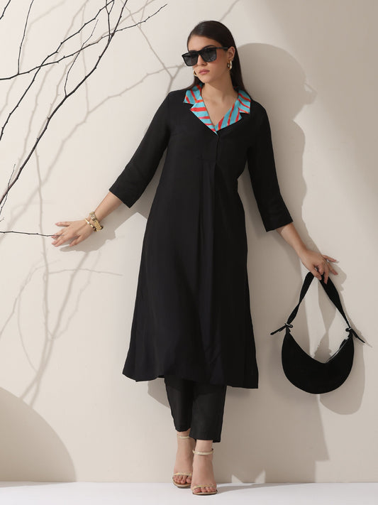Dhiyona ST Women's Black AirSkin Kurta with Blue-Orange Striped Collar & Pants | 2 Pc Set, Lightweight Ethnic Co-ord, Contemporary Contrast Look