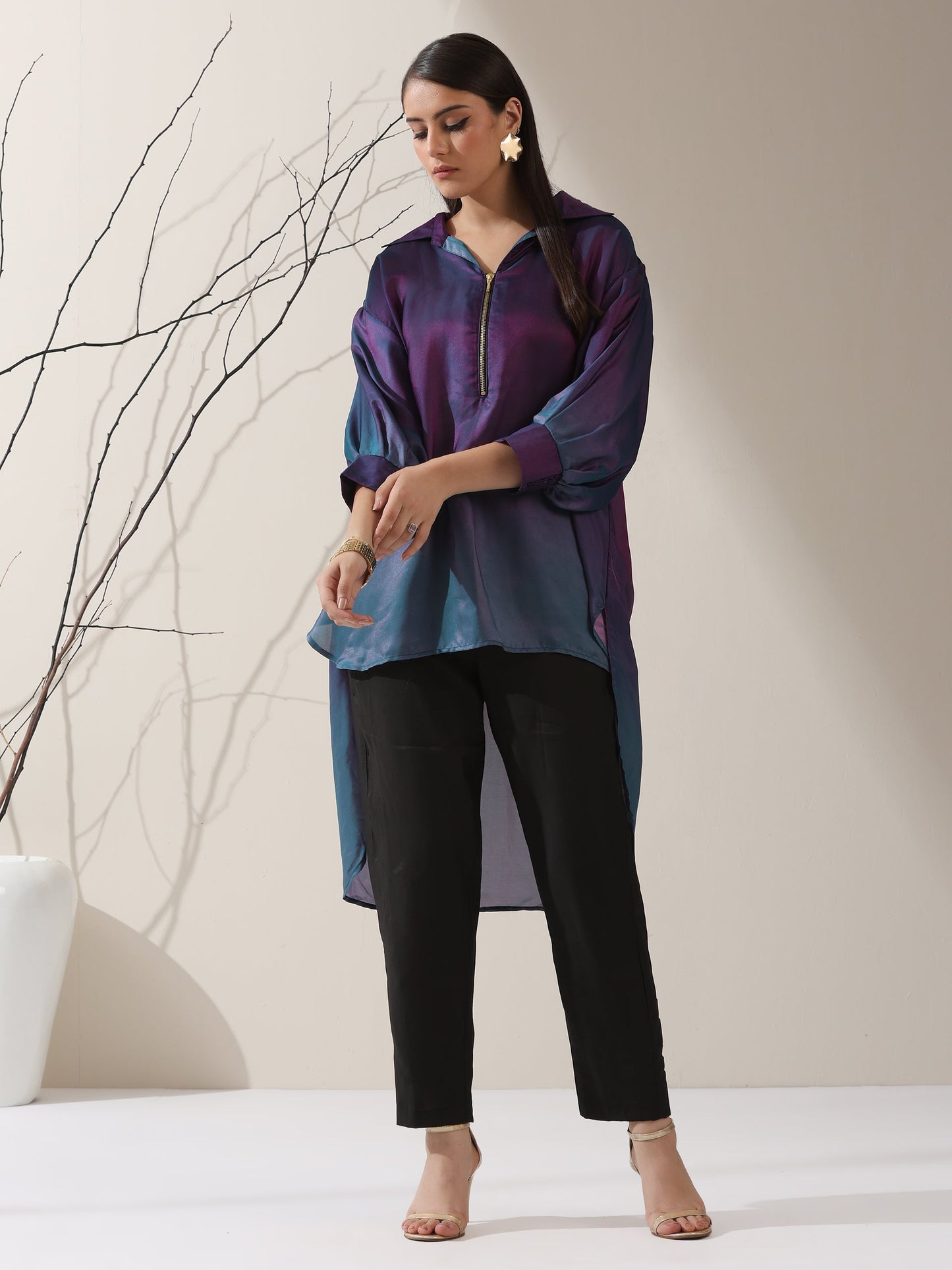 Dhiyona ST Women's Ombre'Rarity Chiffon Long Zip Shirt with Adjustable Sleeves & Black Pants | 2 Pc Set, Flowing Fusion Co-ord, Elegant Contemporary Wear