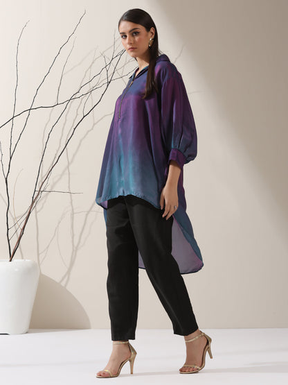Dhiyona ST Women's Ombre'Rarity Chiffon Long Zip Shirt with Adjustable Sleeves & Black Pants | 2 Pc Set, Flowing Fusion Co-ord, Elegant Contemporary Wear