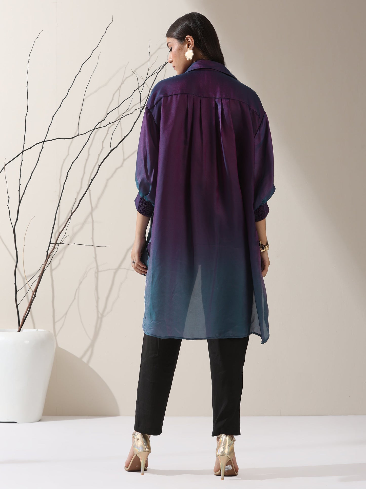 Dhiyona ST Women's Ombre'Rarity Chiffon Long Zip Shirt with Adjustable Sleeves & Black Pants | 2 Pc Set, Flowing Fusion Co-ord, Elegant Contemporary Wear