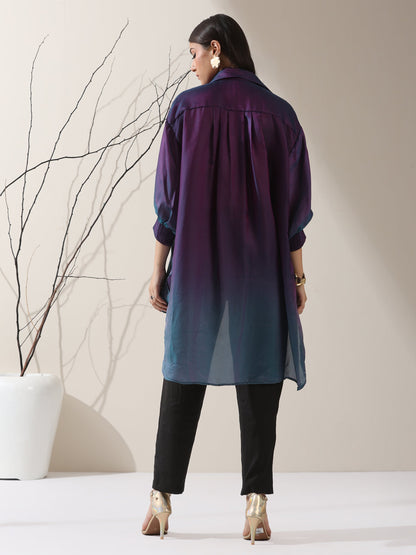Dhiyona ST Women's Ombre'Rarity Chiffon Long Zip Shirt with Adjustable Sleeves & Black Pants | 2 Pc Set, Flowing Fusion Co-ord, Elegant Contemporary Wear