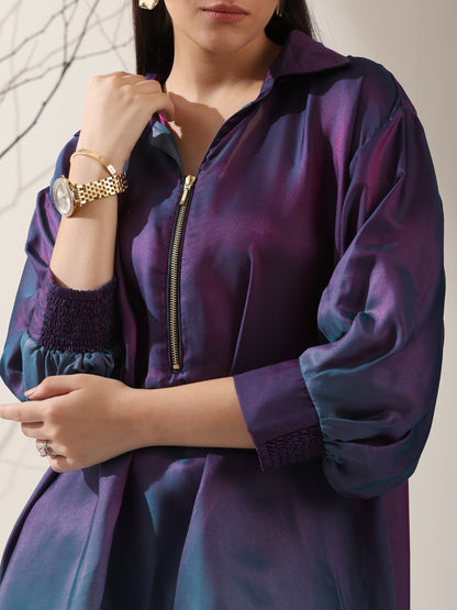 Dhiyona ST Women's Ombre'Rarity Chiffon Long Zip Shirt with Adjustable Sleeves & Black Pants | 2 Pc Set, Flowing Fusion Co-ord, Elegant Contemporary Wear