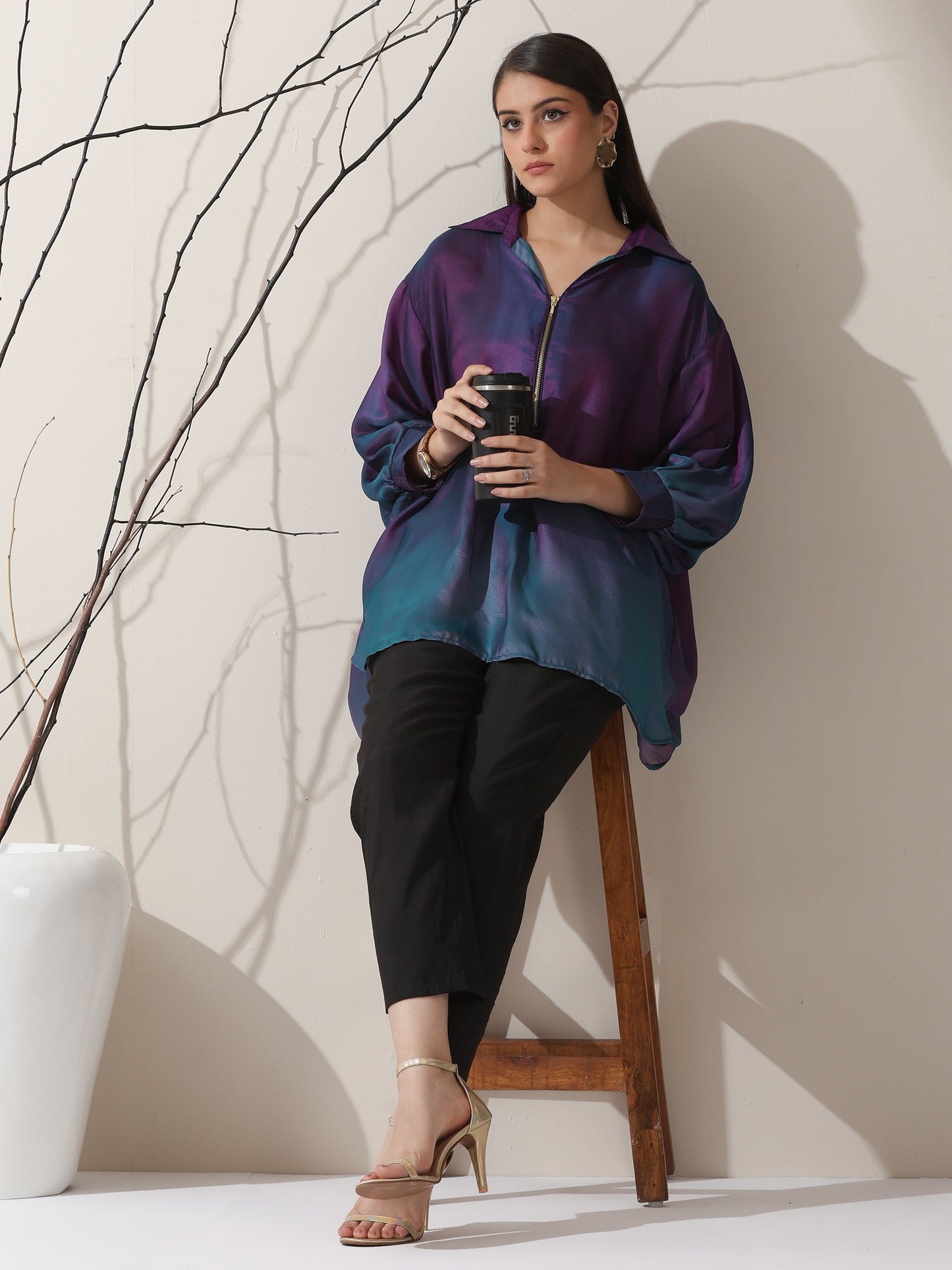 Dhiyona ST Women's Ombre'Rarity Chiffon Long Zip Shirt with Adjustable Sleeves & Black Pants | 2 Pc Set, Flowing Fusion Co-ord, Elegant Contemporary Wear