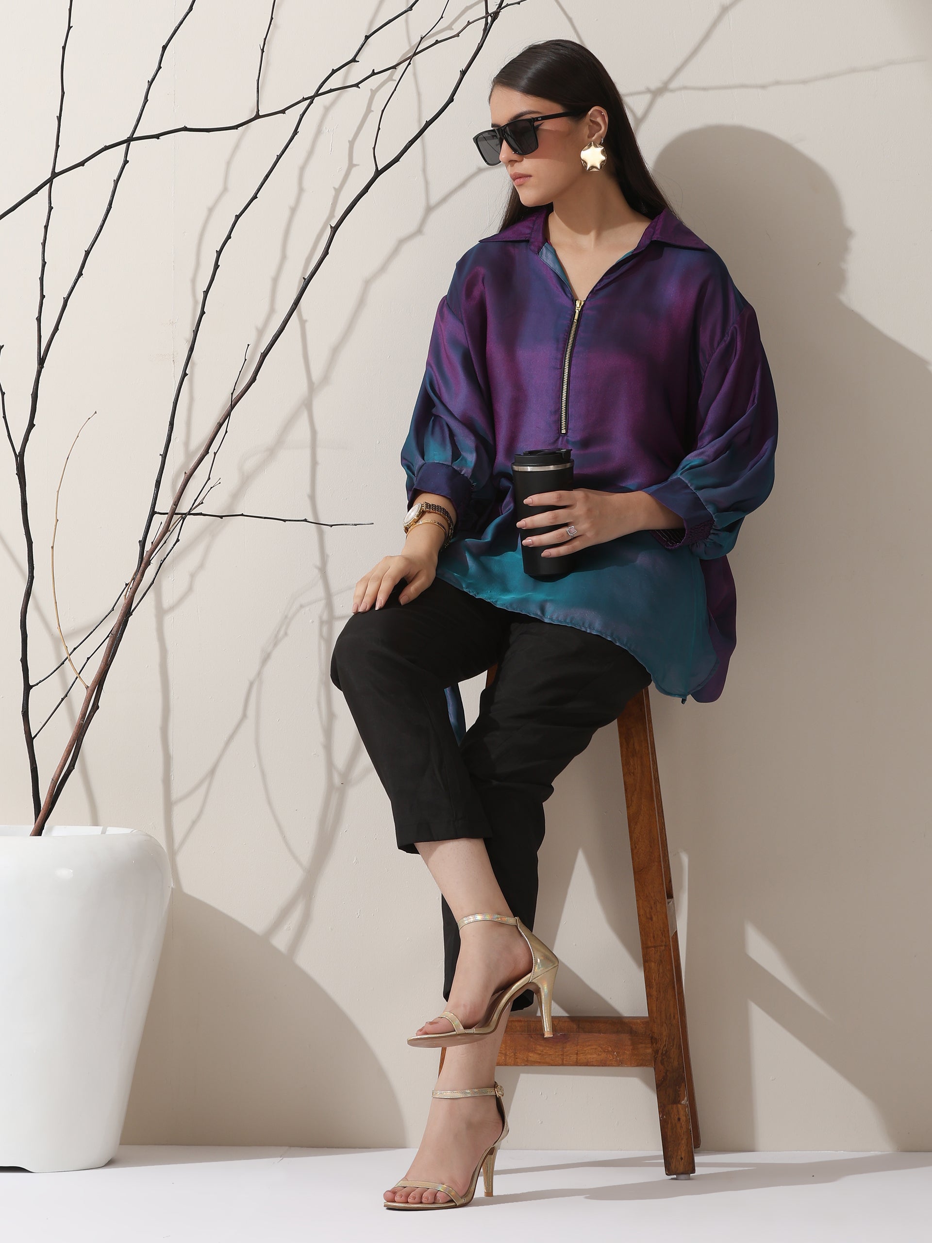Dhiyona ST Women's Ombre'Rarity Chiffon Long Zip Shirt with Adjustable Sleeves & Black Pants | 2 Pc Set, Flowing Fusion Co-ord, Elegant Contemporary Wear