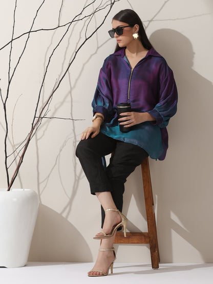 Dhiyona ST Women's Ombre'Rarity Chiffon Long Zip Shirt with Adjustable Sleeves & Black Pants | 2 Pc Set, Flowing Fusion Co-ord, Elegant Contemporary Wear
