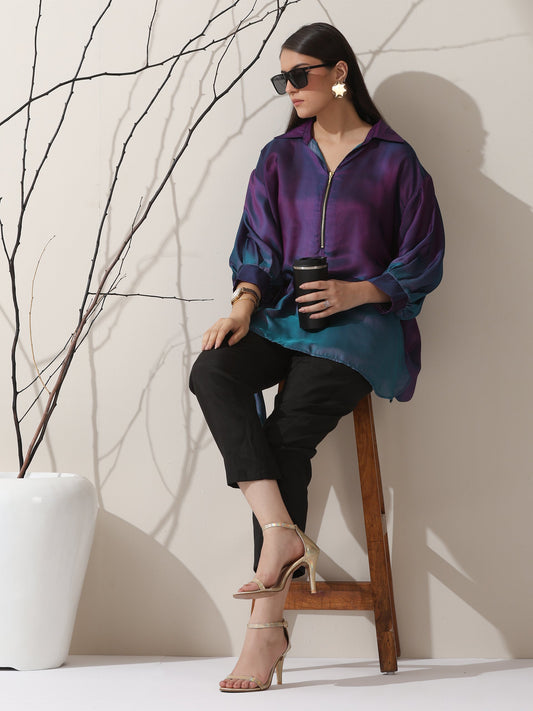 Dhiyona ST Women's Ombre'Rarity Chiffon Long Zip Shirt with Adjustable Sleeves & Black Pants | 2 Pc Set, Flowing Fusion Co-ord, Elegant Contemporary Wear
