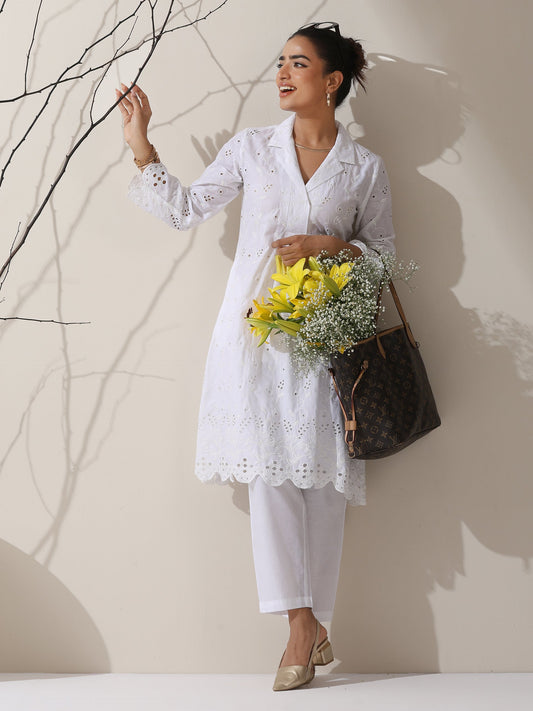 Dhiyona ST Women's White Cotton Schflli Kurta with Pants | 2 Pc Set, All-Over Creeper Embroidery, Elegant Summer Ethnic Wear