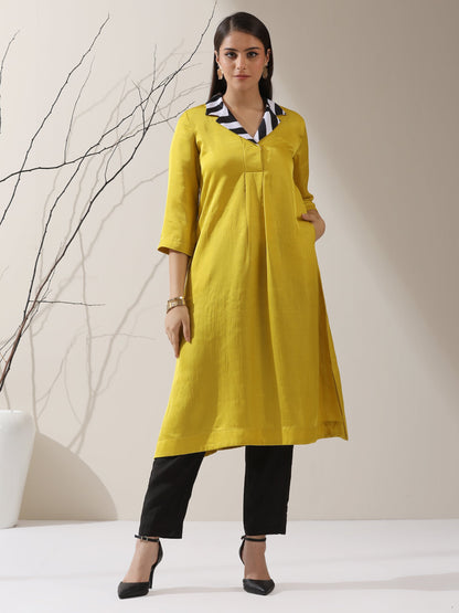 Dhiyona ST Women's Yellow Prf't Lux Kurta with Striped Collar & AirSkin Pants | 2 Pc Set, Luxe Ethnic Co-ord, Soft & Stylish Fusion Wear