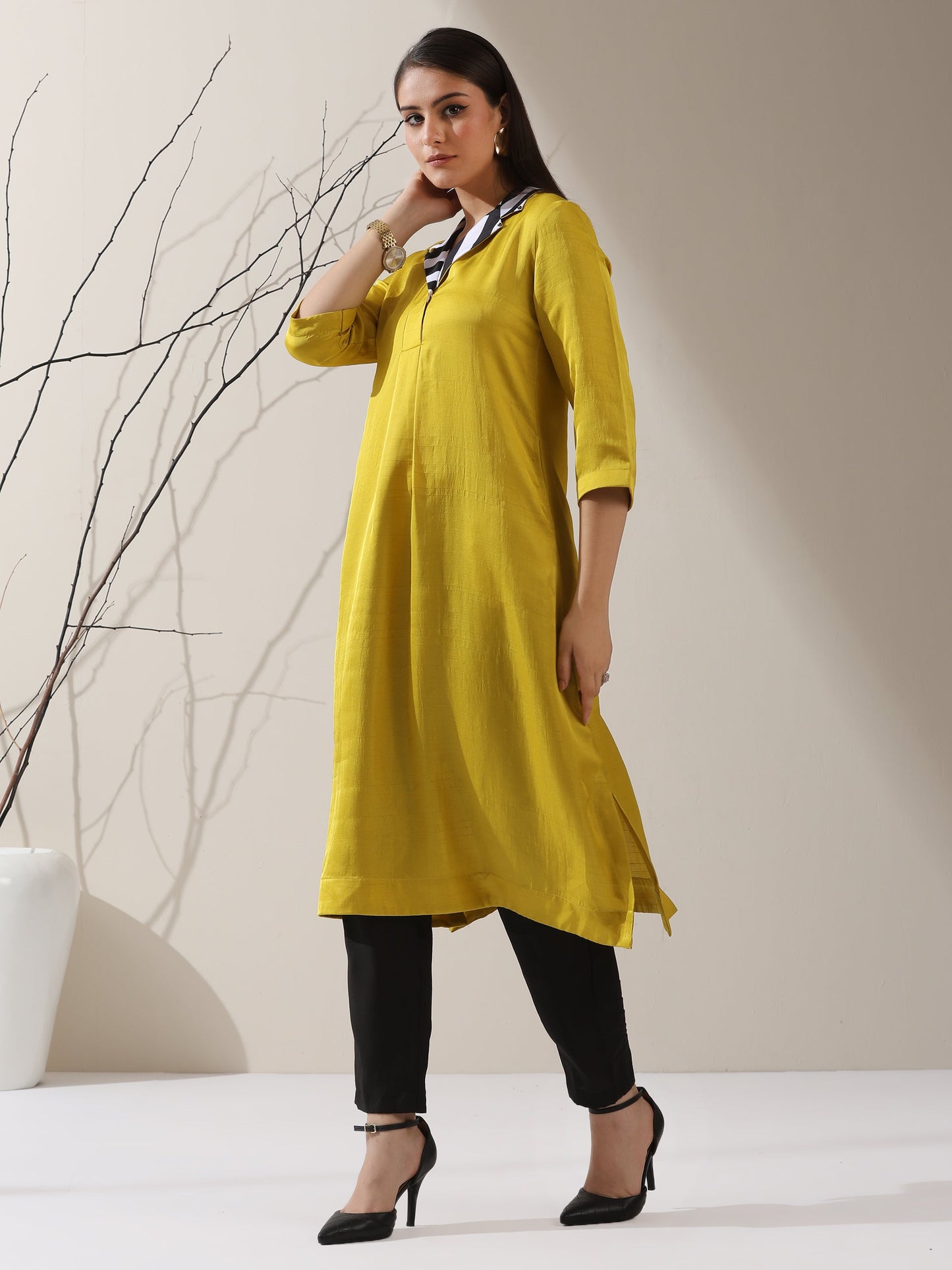 Dhiyona ST Women's Yellow Prf't Lux Kurta with Striped Collar & AirSkin Pants | 2 Pc Set, Luxe Ethnic Co-ord, Soft & Stylish Fusion Wear