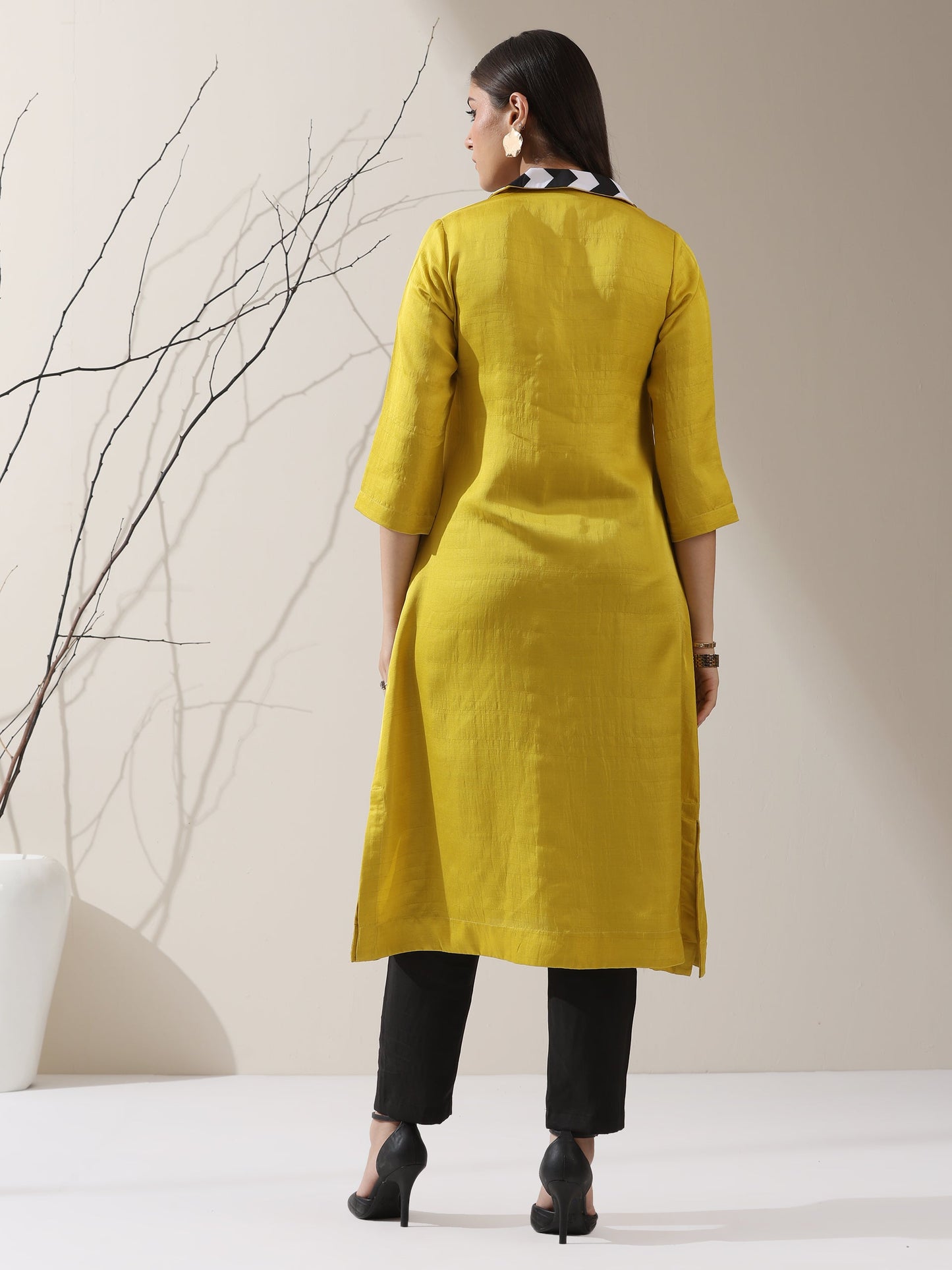 Dhiyona ST Women's Yellow Prf't Lux Kurta with Striped Collar & AirSkin Pants | 2 Pc Set, Luxe Ethnic Co-ord, Soft & Stylish Fusion Wear