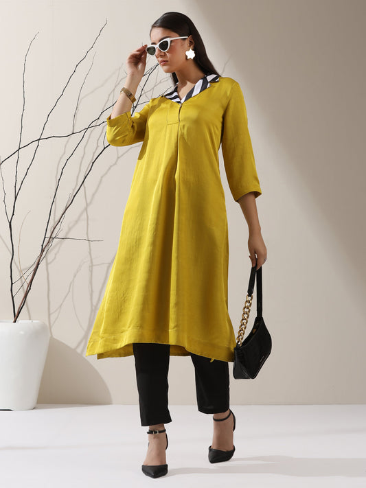 Dhiyona ST Women's Yellow Prf't Lux Kurta with Striped Collar & AirSkin Pants | 2 Pc Set, Luxe Ethnic Co-ord, Soft & Stylish Fusion Wear