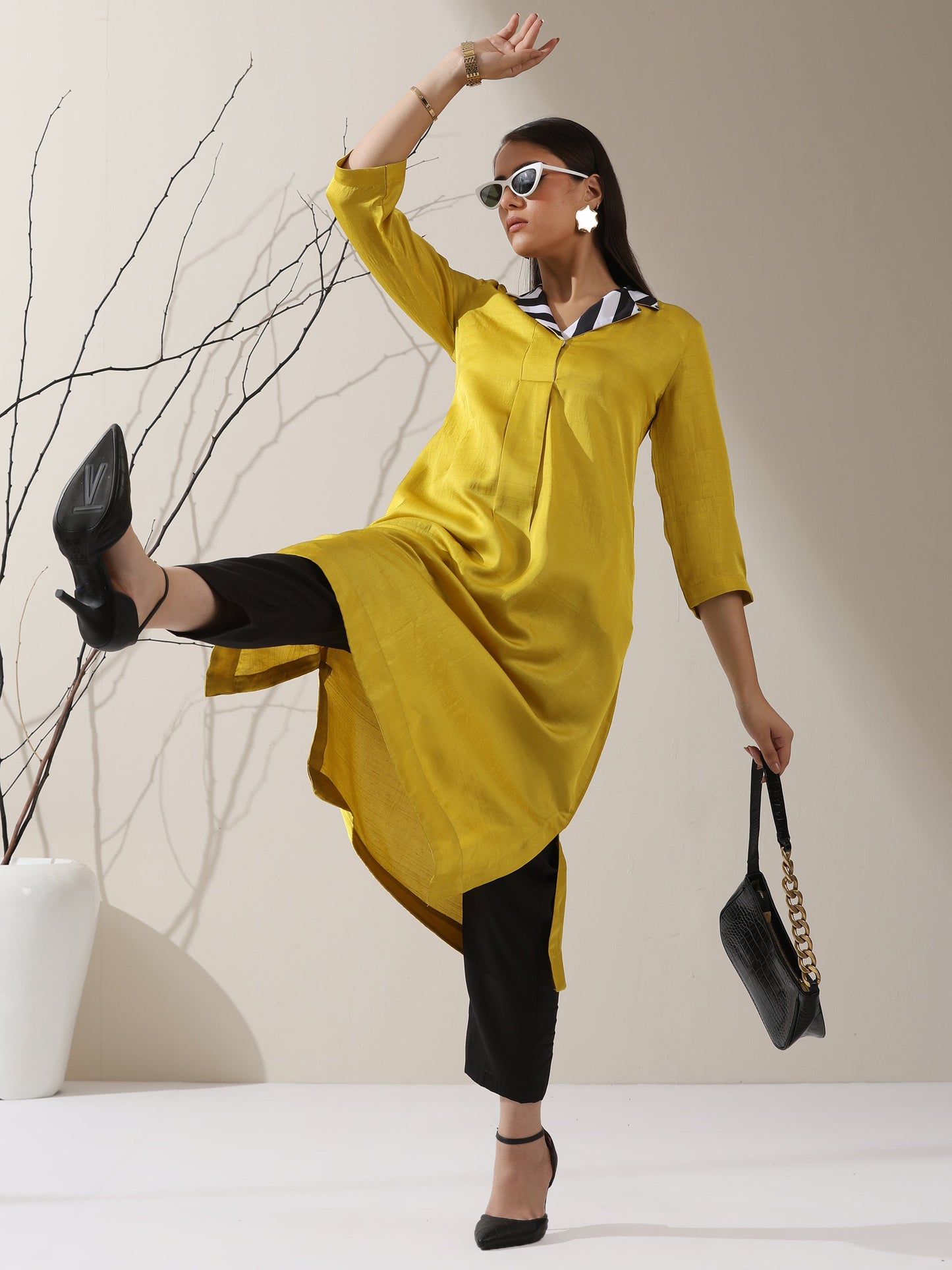 Dhiyona ST Women's Yellow Prf't Lux Kurta with Striped Collar & AirSkin Pants | 2 Pc Set, Luxe Ethnic Co-ord, Soft & Stylish Fusion Wear