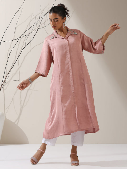 Dhiyona ST Women's Pink Prf't Lux Paneled Kurta with Beaded Collar & Pants | 2 Pc Set, Luxe Ethnic Co-ord, Elegant Festive Wear