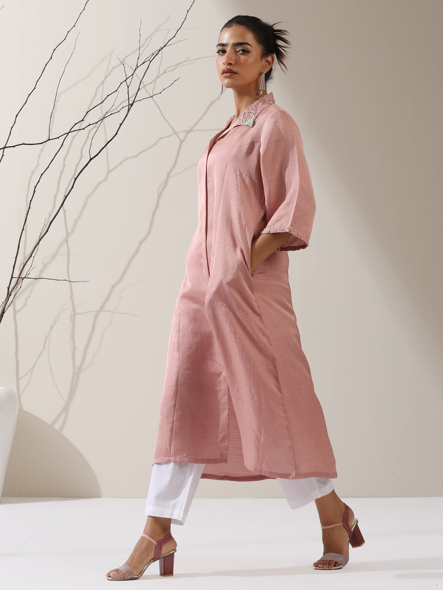 Dhiyona ST Women's Pink Prf't Lux Paneled Kurta with Beaded Collar & Pants | 2 Pc Set, Luxe Ethnic Co-ord, Elegant Festive Wear