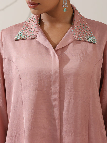 Dhiyona ST Women's Pink Prf't Lux Paneled Kurta with Beaded Collar & Pants | 2 Pc Set, Luxe Ethnic Co-ord, Elegant Festive Wear
