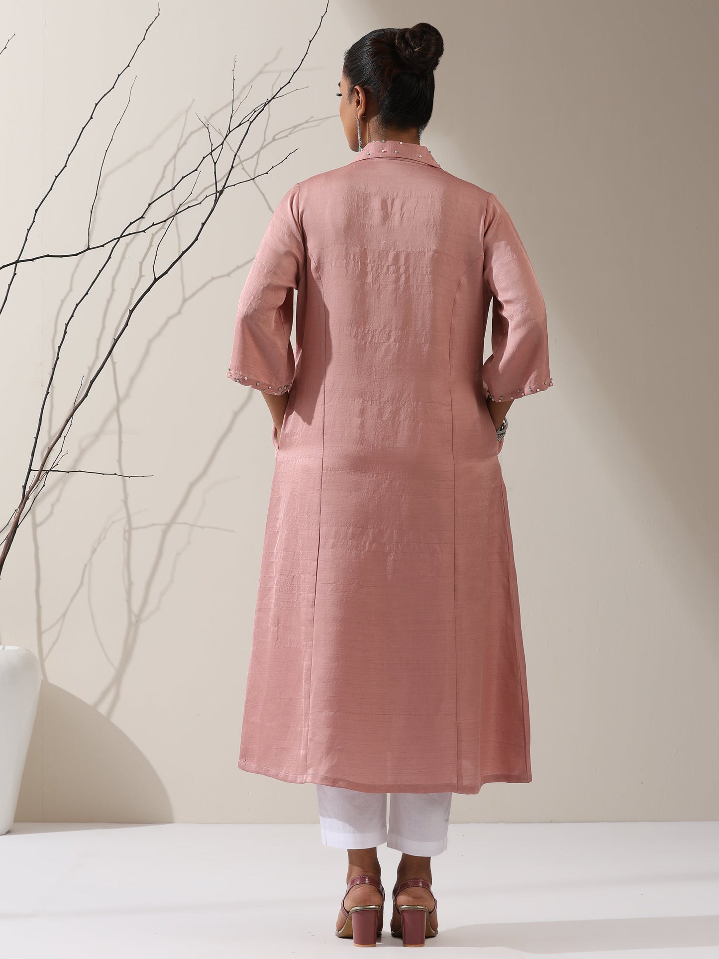 Dhiyona ST Women's Pink Prf't Lux Paneled Kurta with Beaded Collar & Pants | 2 Pc Set, Luxe Ethnic Co-ord, Elegant Festive Wear
