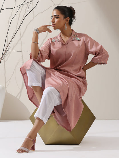 Dhiyona ST Women's Pink Prf't Lux Paneled Kurta with Beaded Collar & Pants | 2 Pc Set, Luxe Ethnic Co-ord, Elegant Festive Wear