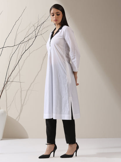 Dhiyona ST 2-Piece White Cotton Kurta Set for Women – Contrast Black Collar Design with Matching Pants | Elegant Everyday Ethnic Wear