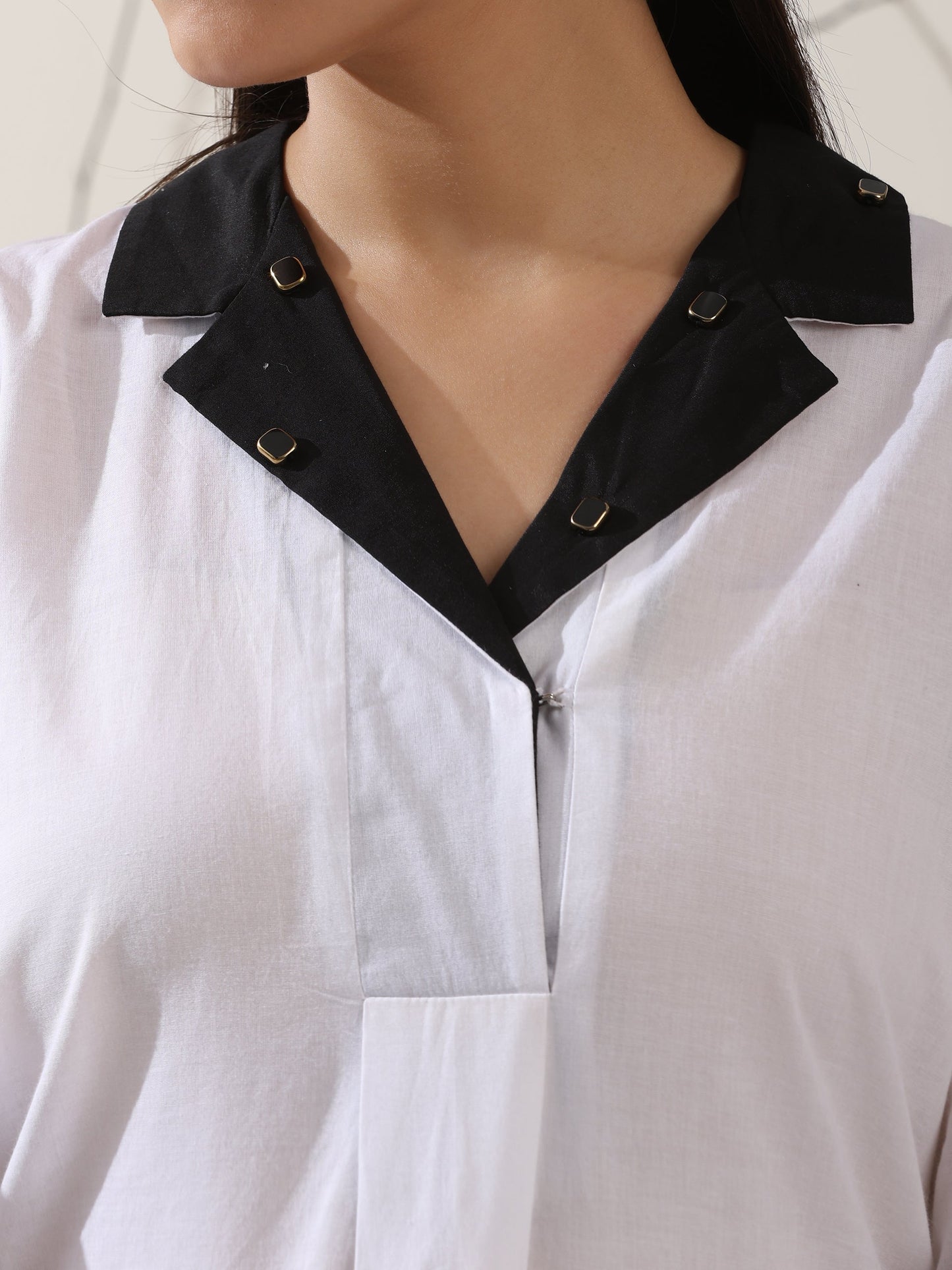Dhiyona ST 2-Piece White Cotton Kurta Set for Women – Contrast Black Collar Design with Matching Pants | Elegant Everyday Ethnic Wear