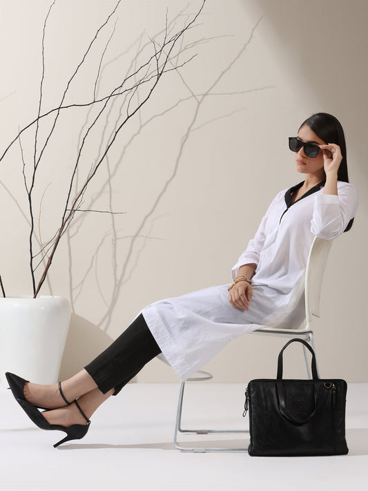 Dhiyona ST 2-Piece White Cotton Kurta Set for Women – Contrast Black Collar Design with Matching Pants | Elegant Everyday Ethnic Wear