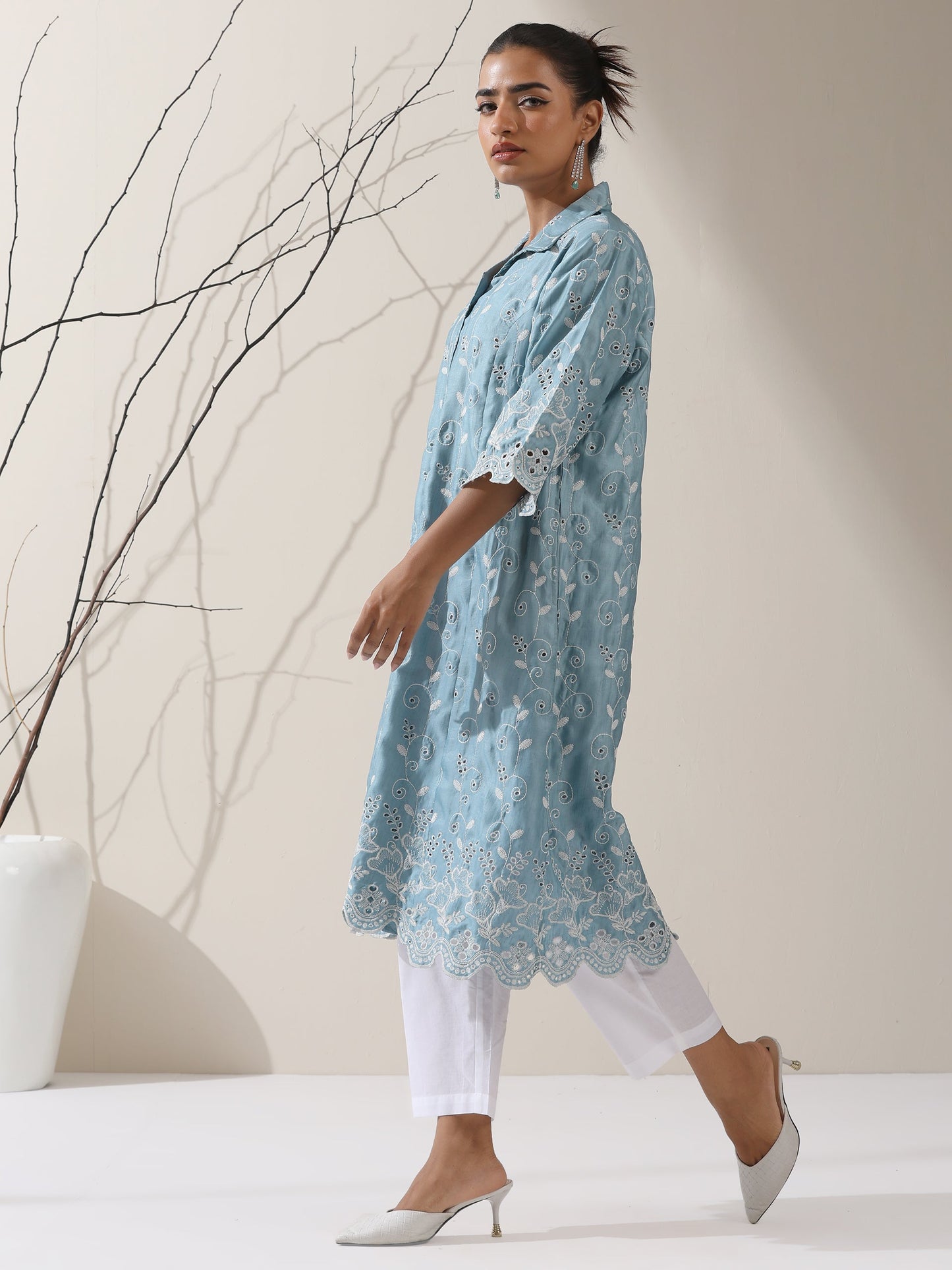 Dhiyona ST Women's Blue Lux Kurta with Creeper Schiffli & Paneled Collar and Pants | 2 Pc Set, Elegant Embroidered Co-ord, Luxe Ethnic Wear
