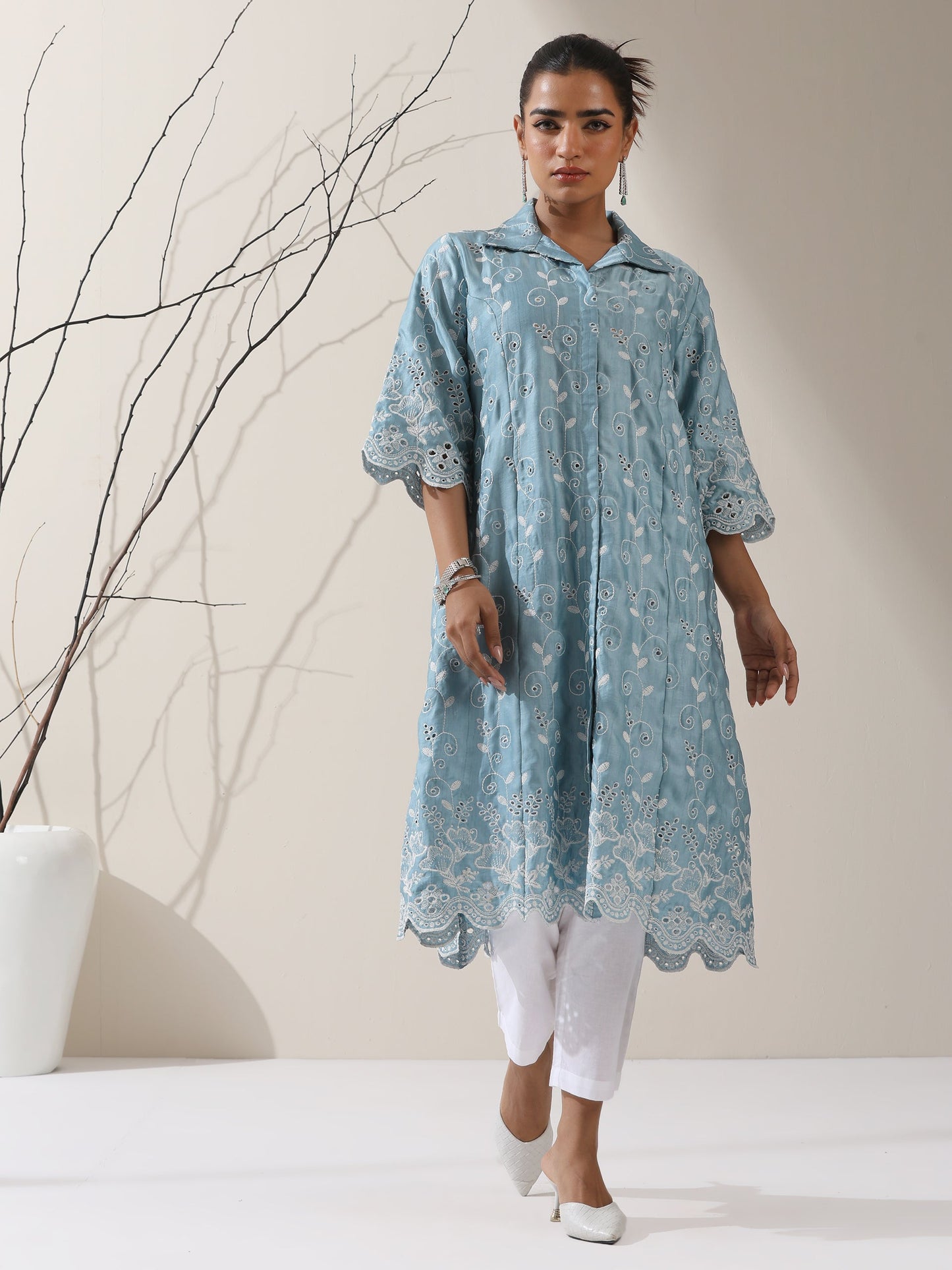 Dhiyona ST Women's Blue Lux Kurta with Creeper Schiffli & Paneled Collar and Pants | 2 Pc Set, Elegant Embroidered Co-ord, Luxe Ethnic Wear