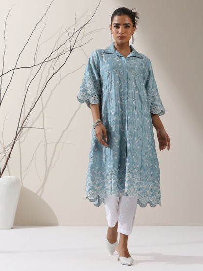 Dhiyona ST Women's Blue Lux Kurta with Creeper Schiffli & Paneled Collar and Pants | 2 Pc Set, Elegant Embroidered Co-ord, Luxe Ethnic Wear