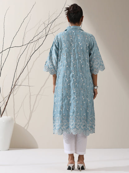 Dhiyona ST Women's Blue Lux Kurta with Creeper Schiffli & Paneled Collar and Pants | 2 Pc Set, Elegant Embroidered Co-ord, Luxe Ethnic Wear
