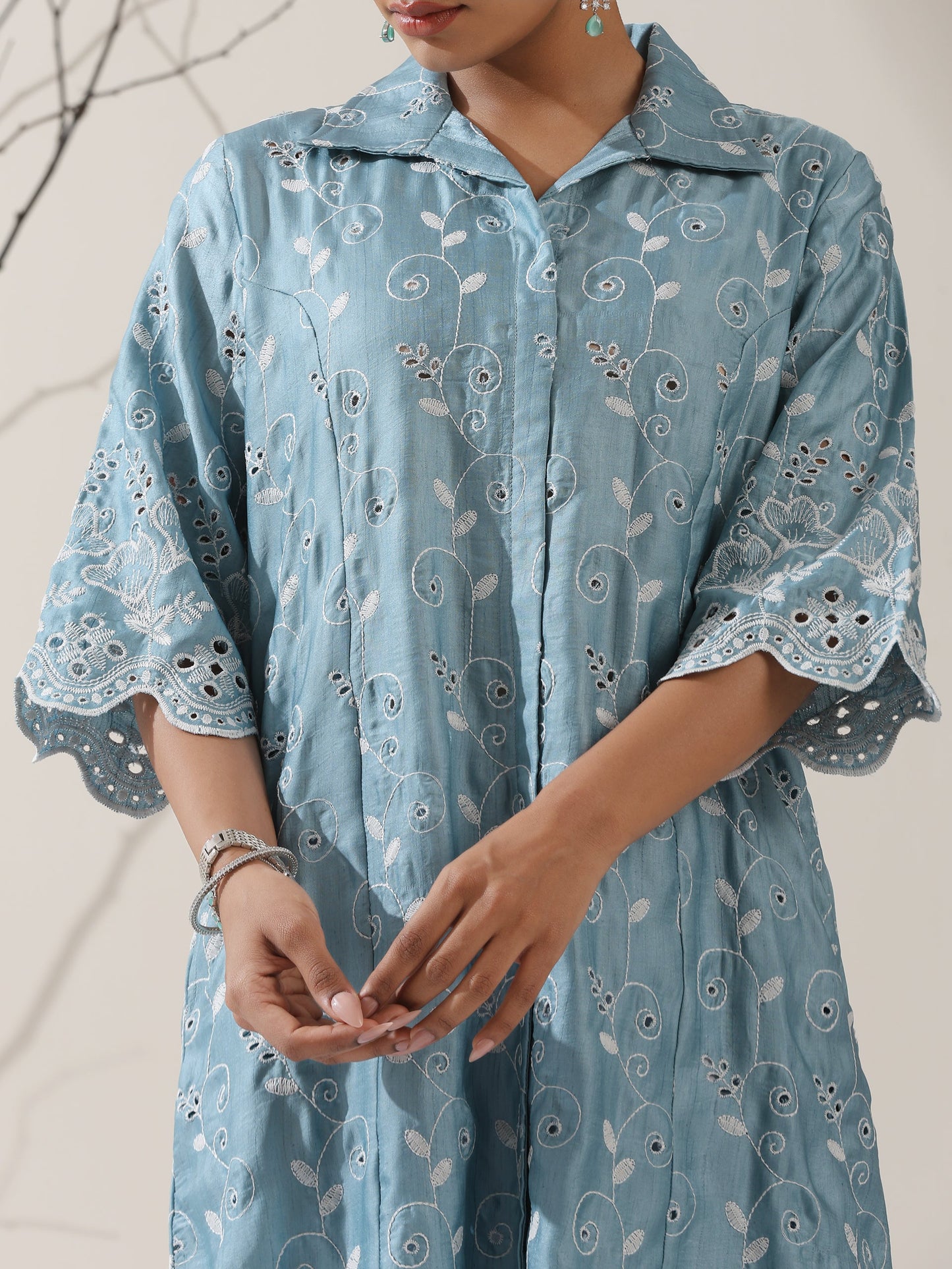 Dhiyona ST Women's Blue Lux Kurta with Creeper Schiffli & Paneled Collar and Pants | 2 Pc Set, Elegant Embroidered Co-ord, Luxe Ethnic Wear