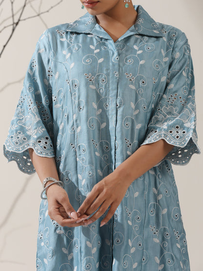 Dhiyona ST Women's Blue Lux Kurta with Creeper Schiffli & Paneled Collar and Pants | 2 Pc Set, Elegant Embroidered Co-ord, Luxe Ethnic Wear