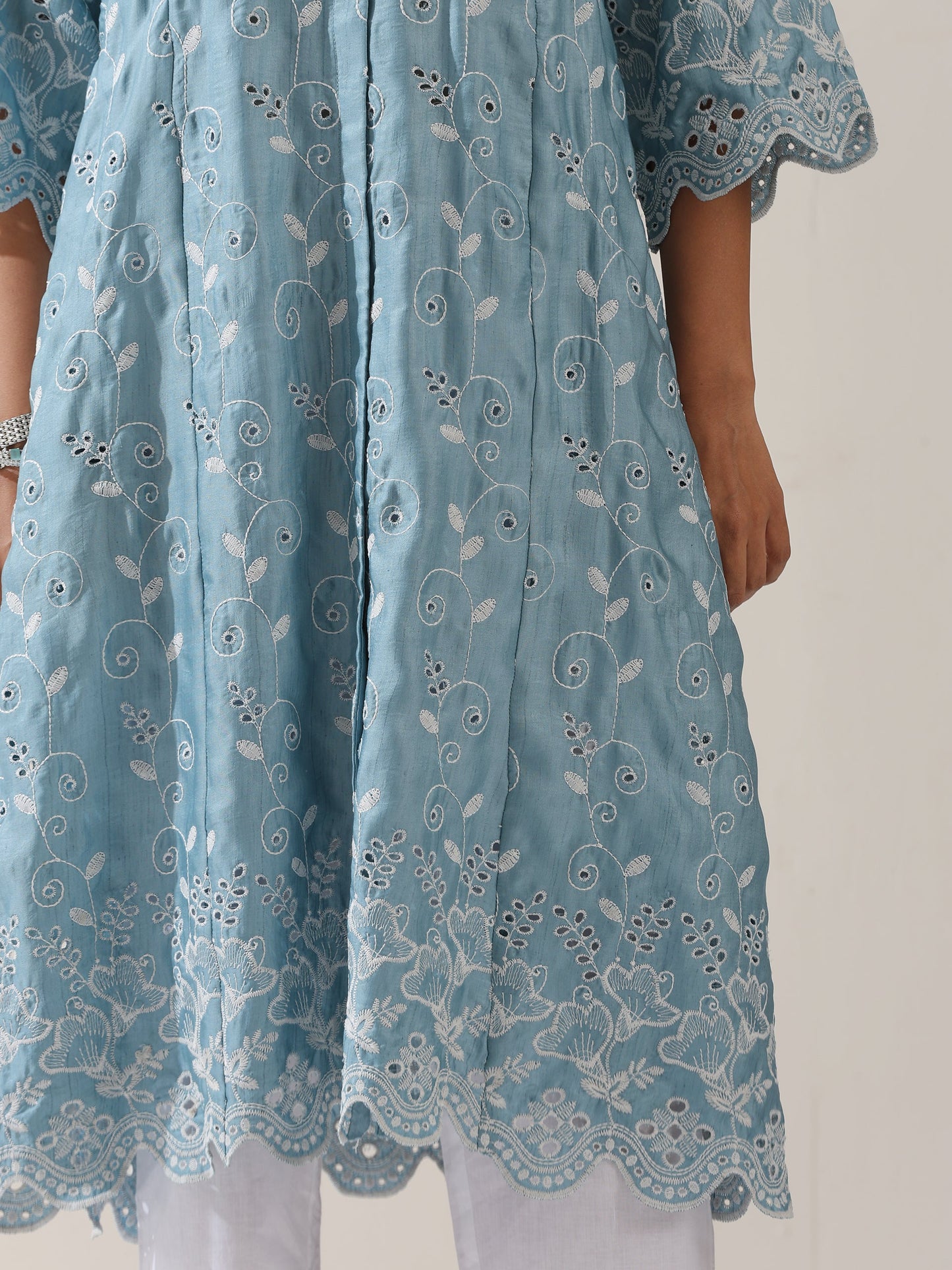 Dhiyona ST Women's Blue Lux Kurta with Creeper Schiffli & Paneled Collar and Pants | 2 Pc Set, Elegant Embroidered Co-ord, Luxe Ethnic Wear