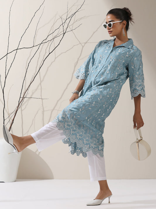 Dhiyona ST Women's Blue Lux Kurta with Creeper Schiffli & Paneled Collar and Pants | 2 Pc Set, Elegant Embroidered Co-ord, Luxe Ethnic Wear