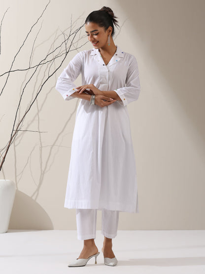 Dhiyona ST Women's White Cotton Kurta with Dotted Collar & Pants | 2 Pc Set, Minimal Elegance, Comfortable Ethnic Co-ord
