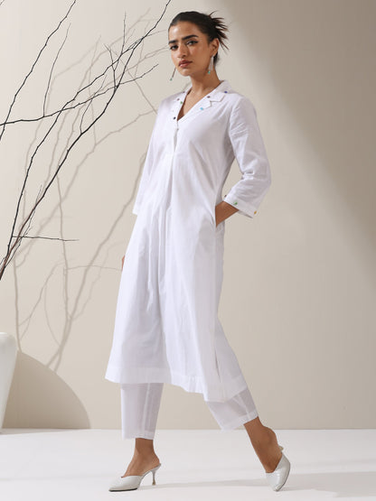 Dhiyona ST Women's White Cotton Kurta with Dotted Collar & Pants | 2 Pc Set, Minimal Elegance, Comfortable Ethnic Co-ord