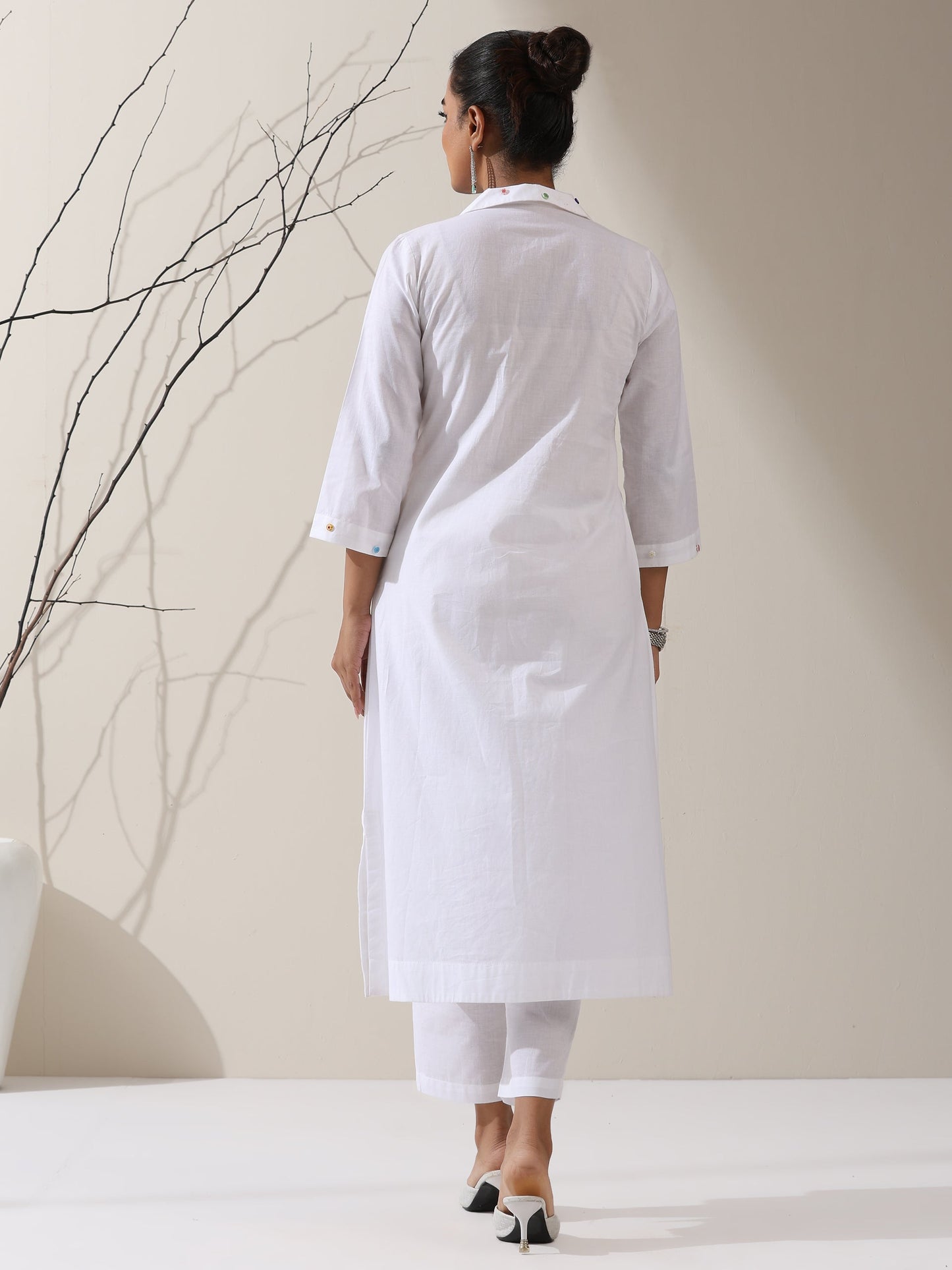 Dhiyona ST Women's White Cotton Kurta with Dotted Collar & Pants | 2 Pc Set, Minimal Elegance, Comfortable Ethnic Co-ord
