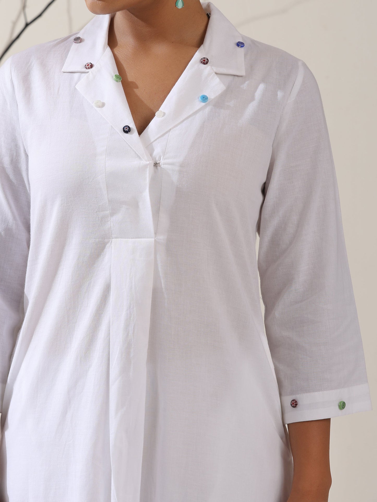 Dhiyona ST Women's White Cotton Kurta with Dotted Collar & Pants | 2 Pc Set, Minimal Elegance, Comfortable Ethnic Co-ord