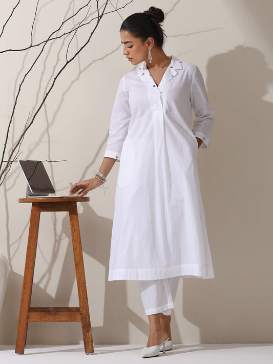 Dhiyona ST Women's White Cotton Kurta with Dotted Collar & Pants | 2 Pc Set, Minimal Elegance, Comfortable Ethnic Co-ord
