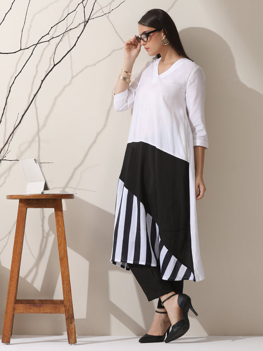 Dhiyona ST Black & White Triangle Kurta Set for Women – 2-Piece Striped Kurta with Pants | Indo-Western Ethnic Wear