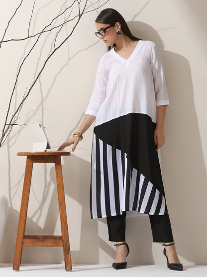 Dhiyona ST Black & White Triangle Kurta Set for Women – 2-Piece Striped Kurta with Pants | Indo-Western Ethnic Wear