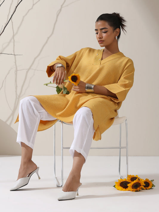 Dhiyona ST 2-Piece Mellow Linen Blend Overlap Kurta Set – Japanese-Inspired Hand-Stitched Top with White Cotton Pants | Elegant Women’s Co-ord