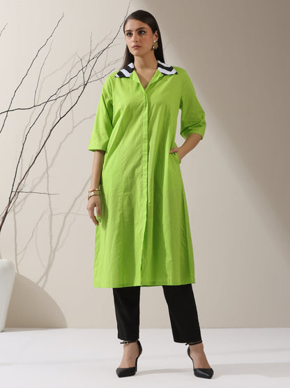 Dhiyona ST Women's Sinful Green Cotton Paneled Kurta with Striped Collar & Black Pants | 2 Pc Set, Chic Ethnic Co-ord, Modern Contrast Look