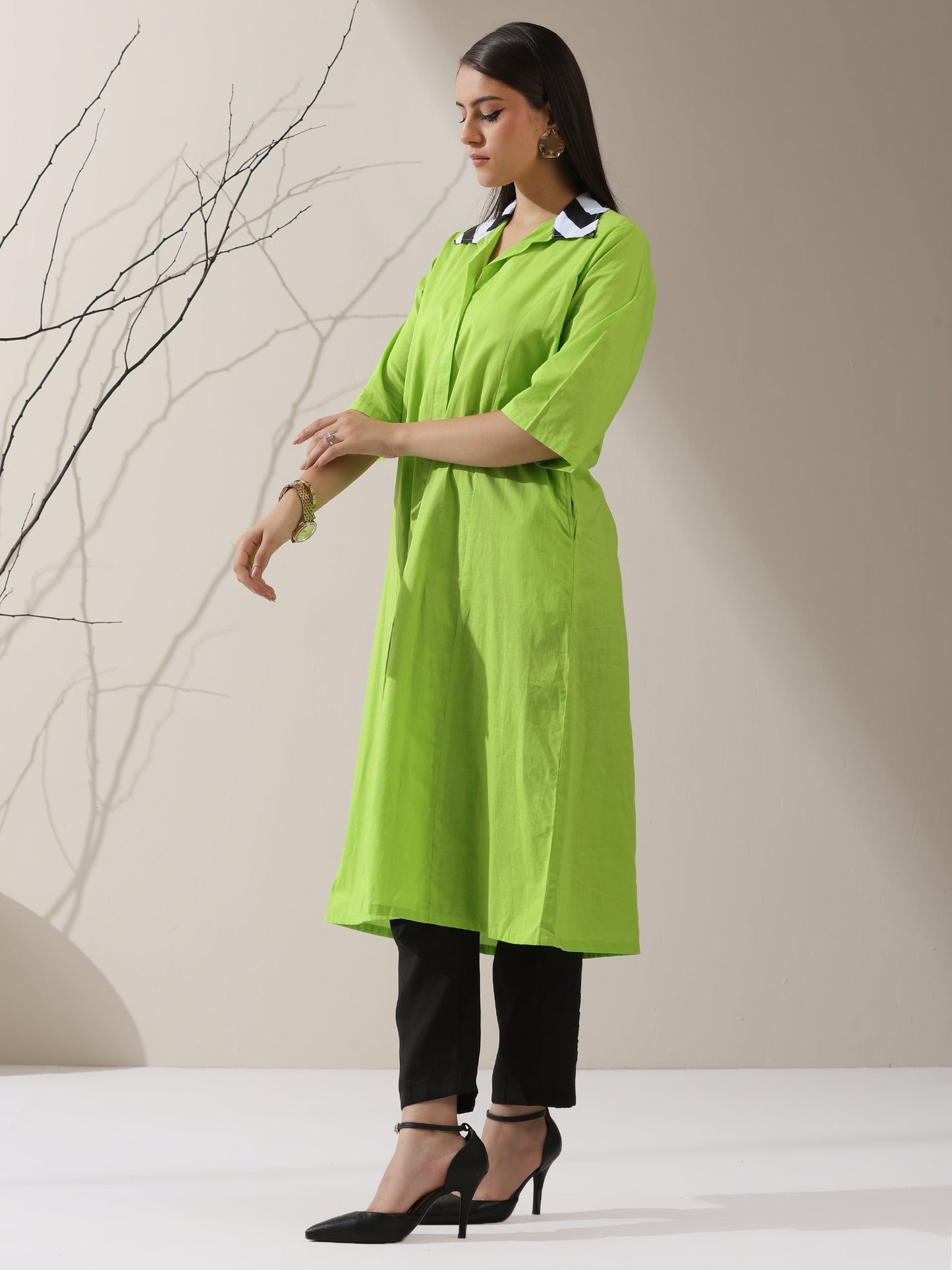 Dhiyona ST Women's Sinful Green Cotton Paneled Kurta with Striped Collar & Black Pants | 2 Pc Set, Chic Ethnic Co-ord, Modern Contrast Look