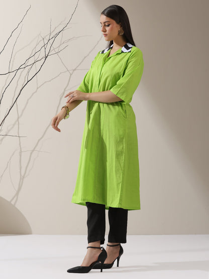 Dhiyona ST Women's Sinful Green Cotton Paneled Kurta with Striped Collar & Black Pants | 2 Pc Set, Chic Ethnic Co-ord, Modern Contrast Look