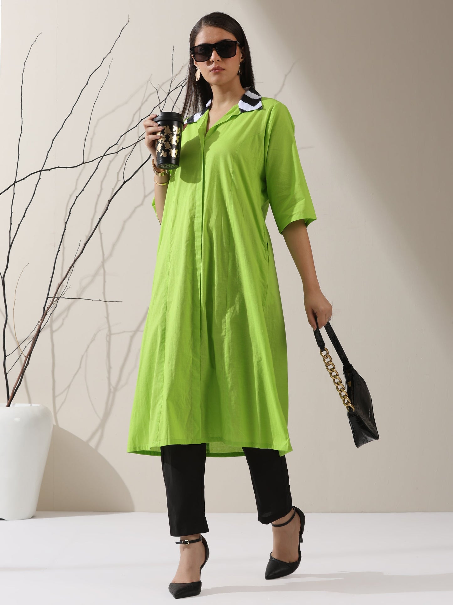 Dhiyona ST Women's Sinful Green Cotton Paneled Kurta with Striped Collar & Black Pants | 2 Pc Set, Chic Ethnic Co-ord, Modern Contrast Look