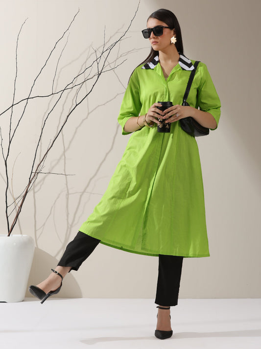 Dhiyona ST Women's Sinful Green Cotton Paneled Kurta with Striped Collar & Black Pants | 2 Pc Set, Chic Ethnic Co-ord, Modern Contrast Look
