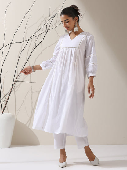 Dhiyona ST 2-Piece White Cotton Bib Kurta Set for Women – Pearl Embellished Detailing with Matching Pants | Elegant Ethnic Co-ord