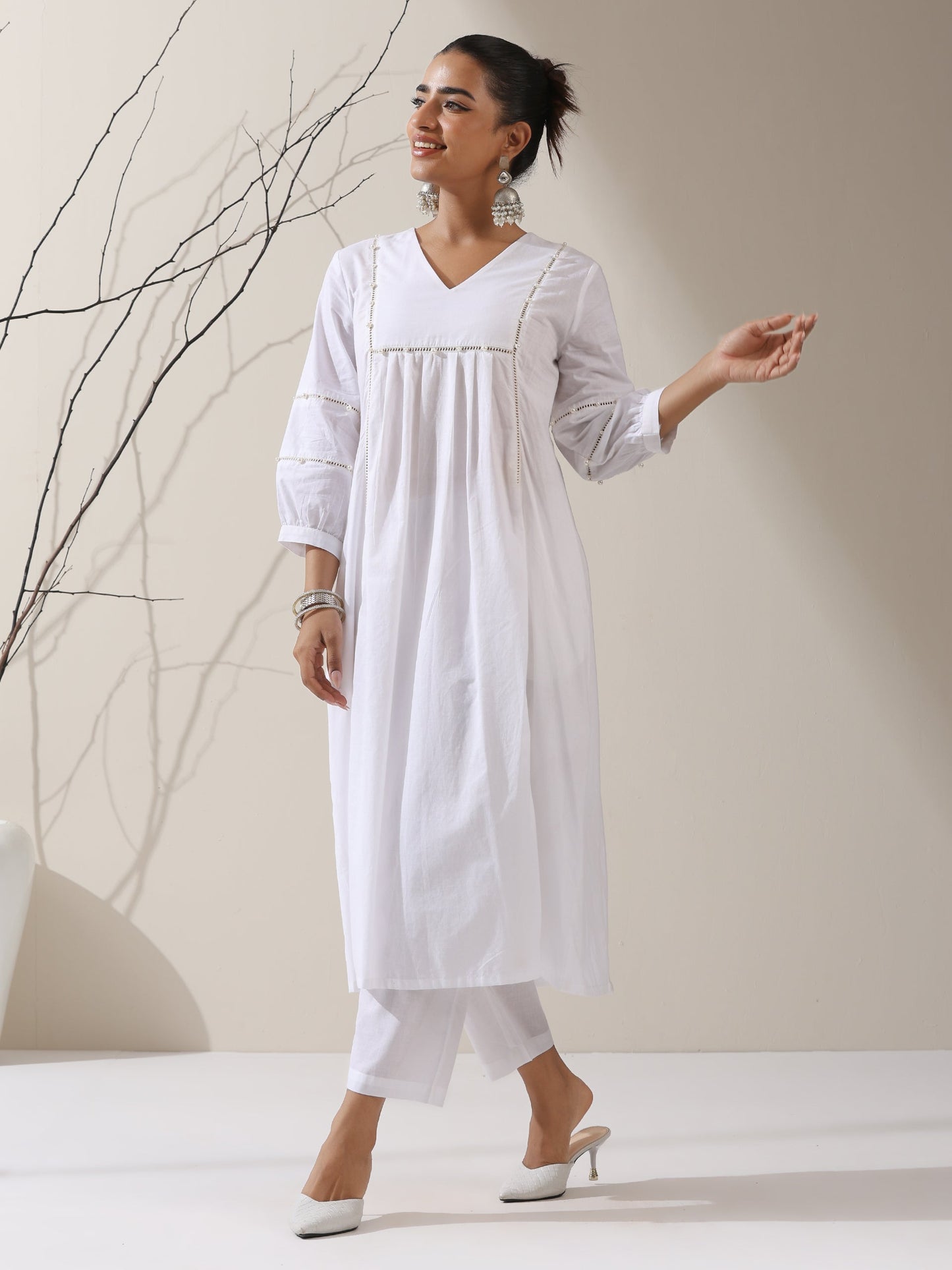 Dhiyona ST 2-Piece White Cotton Bib Kurta Set for Women – Pearl Embellished Detailing with Matching Pants | Elegant Ethnic Co-ord