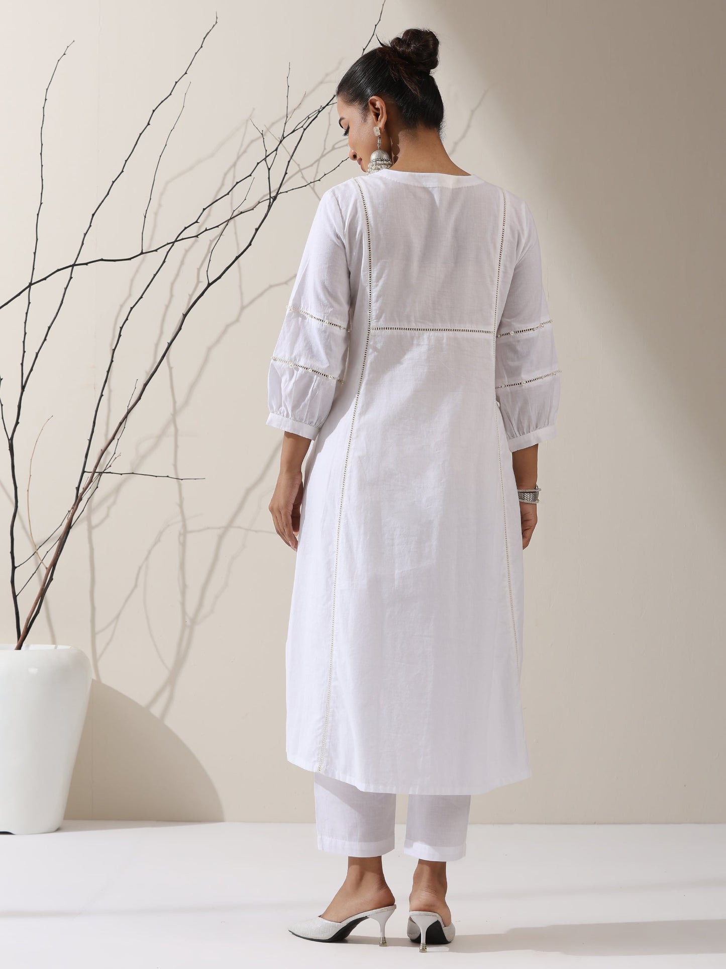 Dhiyona ST 2-Piece White Cotton Bib Kurta Set for Women – Pearl Embellished Detailing with Matching Pants | Elegant Ethnic Co-ord