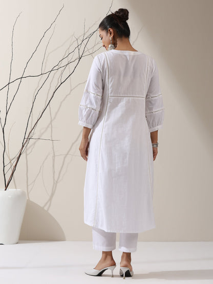 Dhiyona ST 2-Piece White Cotton Bib Kurta Set for Women – Pearl Embellished Detailing with Matching Pants | Elegant Ethnic Co-ord