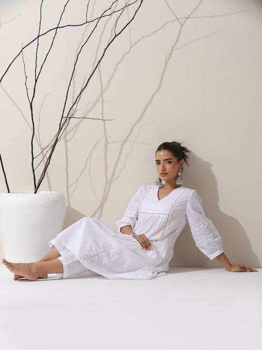 Dhiyona ST 2-Piece White Cotton Bib Kurta Set for Women – Pearl Embellished Detailing with Matching Pants | Elegant Ethnic Co-ord
